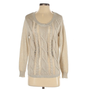 Rock & Republic‎ S cream/metallic distressed cable knit crew neck sweater